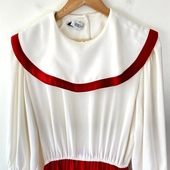 Vintage Pierre Cardin Bib Collar Maxi Dress Womens Sz 14 White Red Modest Sheer - Picture 9 of 16